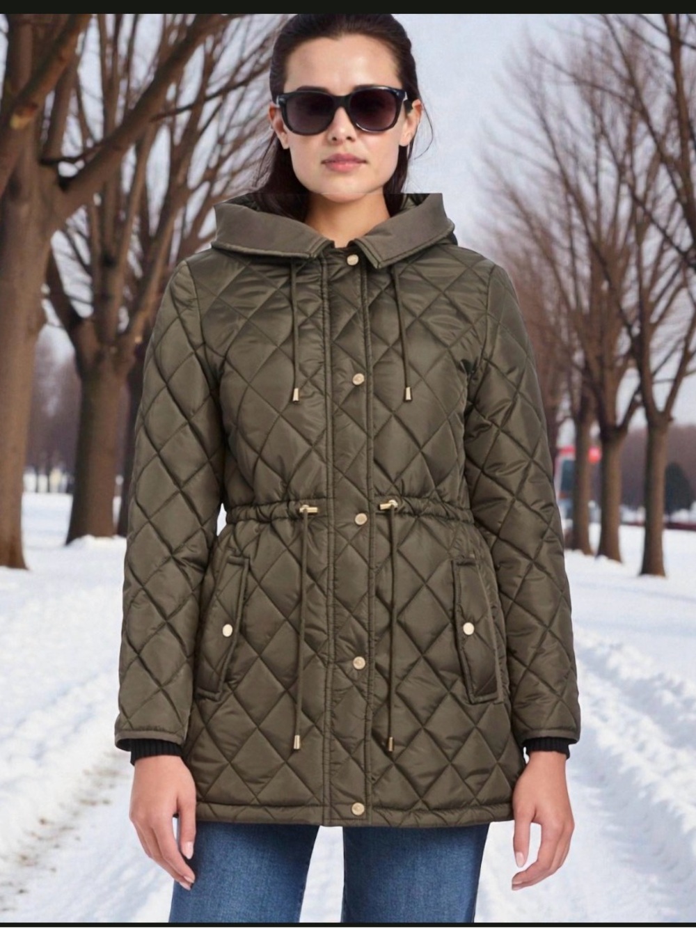 kate spade Quilted Hooded Drawstring Jacket in Olive